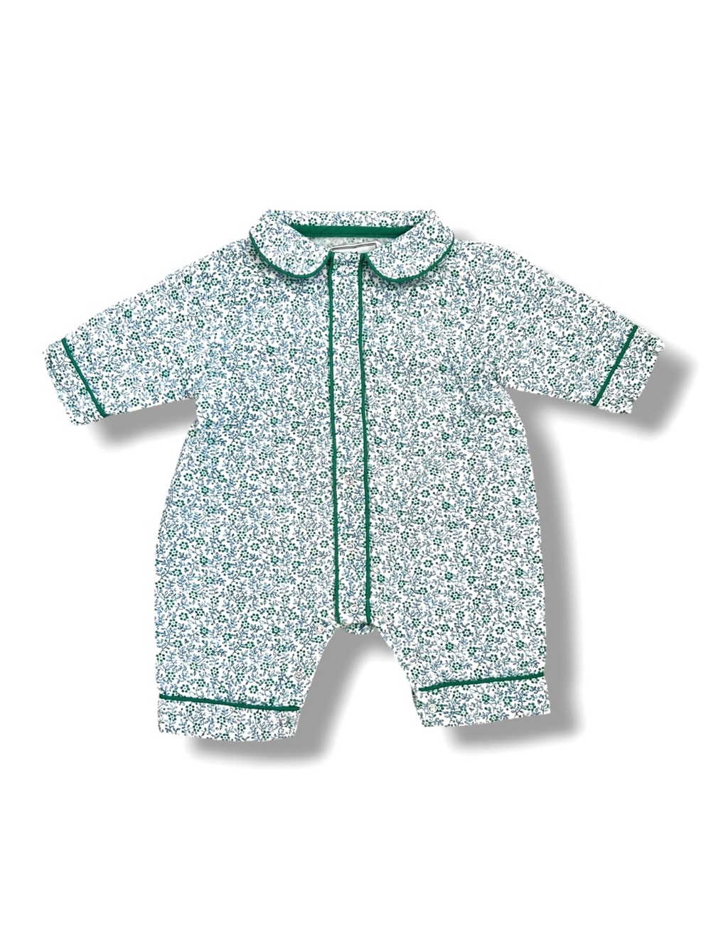 Petite Plume Baby Romper 0-3M Floral Peter Pan Collar Green Blue Long Sleeve